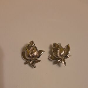 Trifari Silver Tone Floral Clip On Earrings